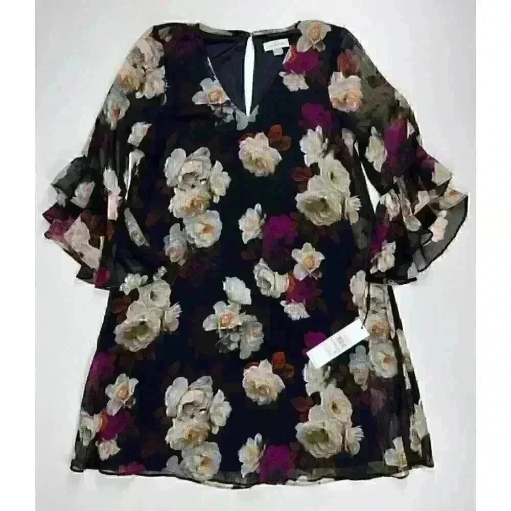 NEW! Calvin Klein Women's 6 V-Neck 3/4 Ruffle Sleeve Floral Chiffon Dress NWT$99 - Picture 3 of 5